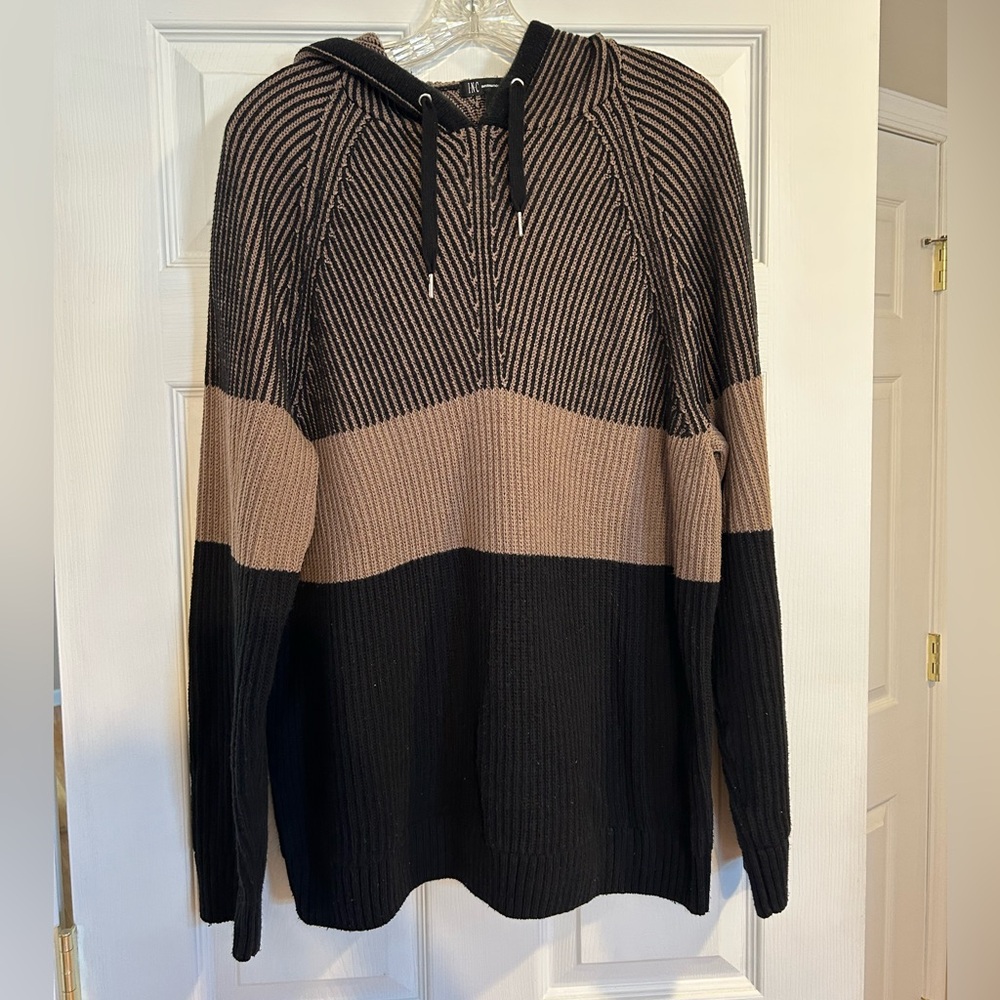 INC International Concepts Black & Tan Hooded Zip-Up Knit Sweater